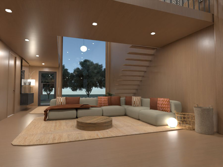 interior del living de madera de una casa moderna con luz calida